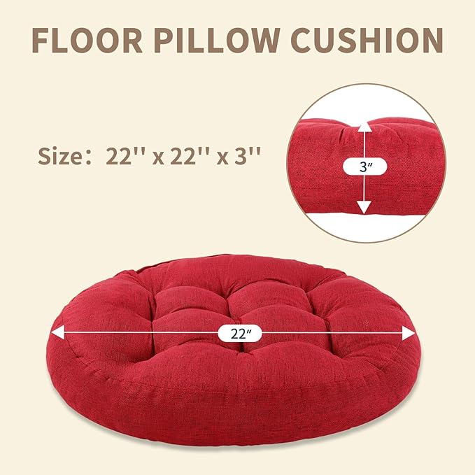 Meditation Floor Pillow, 2 Pack Round Floor Cushions for Adults, Button Tufted Seat Cushions for Yoga Tatami Living Room, Wine Red, 22 x 22 x 4 in