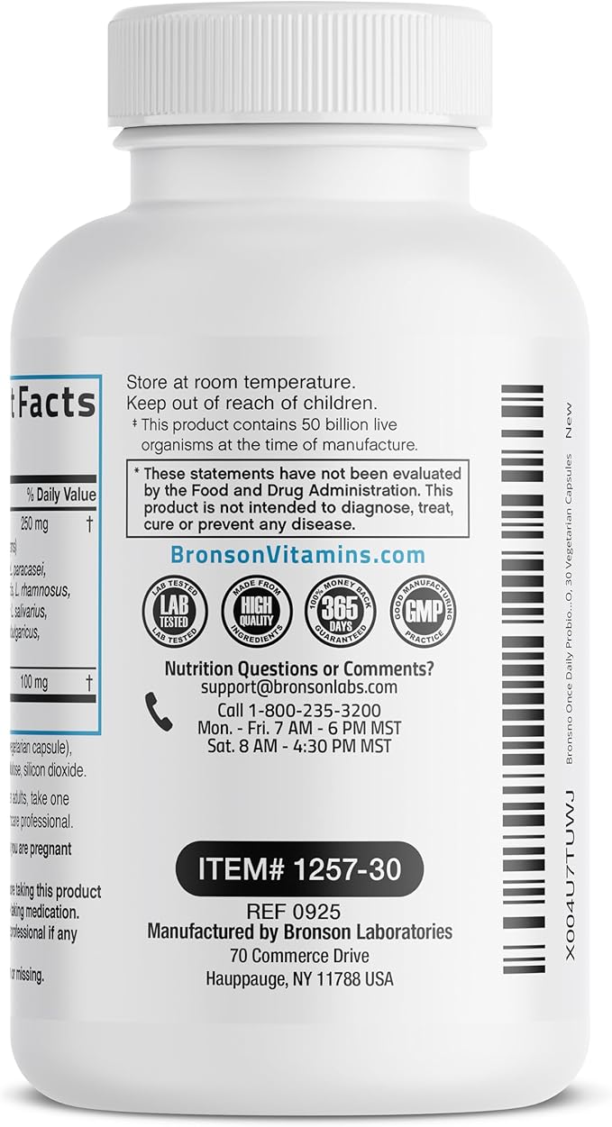Bronson Once Daily Probiotic 50 Billion CFU Plus Prebiotic Daily Maintenance Formula One Capsule Per Day Non-GMO, 30 Vegetarian Capsules