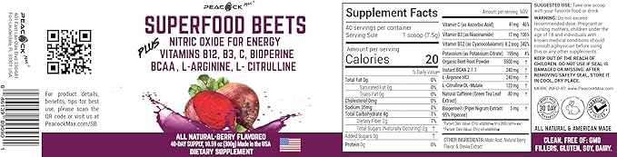 Superfood Beets Powder, 10.59oz (Pack of 12) - Beetroot Powder Organic Beet Root Blend with Green Tea & Berry Flavor, Non-GMO, Plant-Based Drink Mix