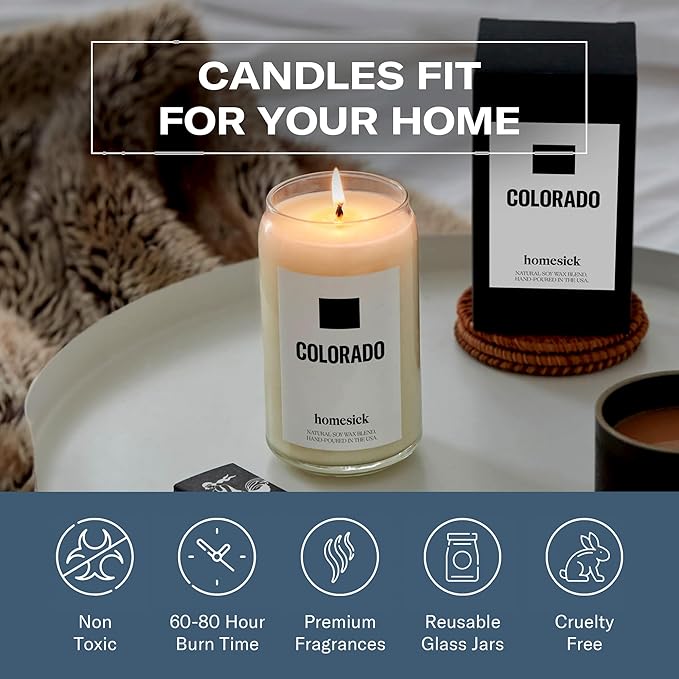 Homesick Scented Candles for Home (Colorado) - 13.75 oz Long-Lasting Soy Wax Jar Candle for Women & Men for All Occasions, 60-80 Hours Burn Time - Notes of Spruce Needles & Cinnamon