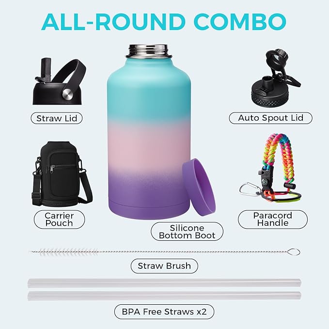 Half Gallon Water Bottle Insulated - 64 oz Water Bottle with Straw Spout Lid, Strap Carrying Sleeve, Paracord Handle, Leak Proof Metal Water Flask for Workout Sport Hiking Gym,Thermo Mug