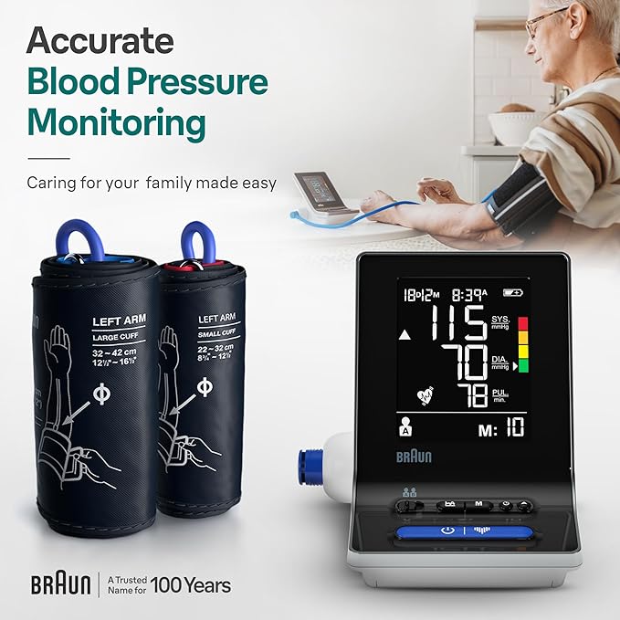 Braun ExactFit 3 Blood Pressure Monitor for Home Use, Blood Pressure Machine, Color-Coded, High BP Monitor, 2 Upper Arm Cuff Sizes, 80 Memory Slots