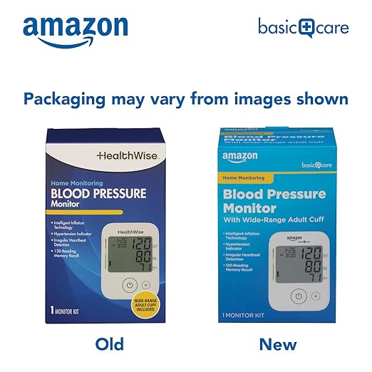 Amazon Basic Care Blood Pressure Monitor, Wide Range Arm Cuff with Intelligent Inflation Technology, Large (Previously Healthwise)