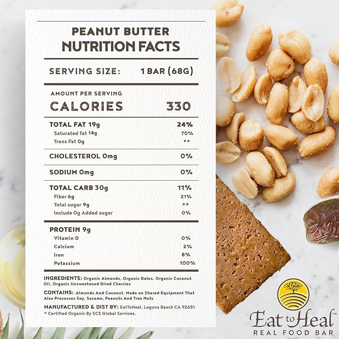 EatToHeal Peanut Butter Real Food Bar - Organic Vegan Healthy High Protein Bars - Low Sugar Meal Replacement, Non GMO, Never Baked, Plant Based, Gluten Free - Crafted to Enjoy, Not Sit on Shelves