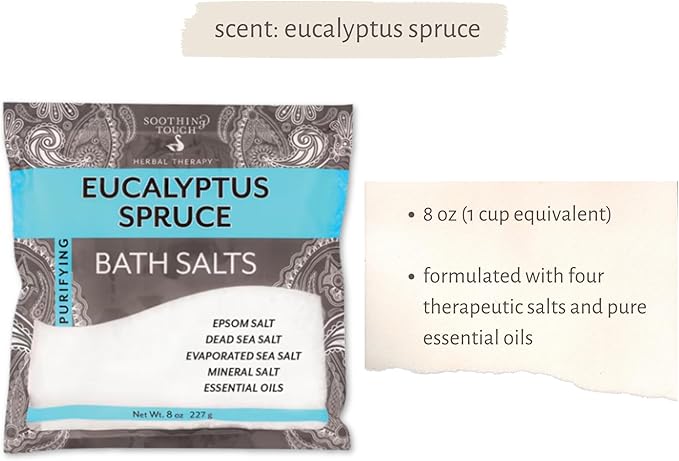 3-Pack Aromatherapy Bath Salts Gift Set. Variety Pack of Soothing Touch Bath Salts: Eucalyptus Spruce, Cedar Sage, Peppermint Rosemary (8 oz each) Bundle Includes Cotton Pouch & Loofah Exfoliating Pad