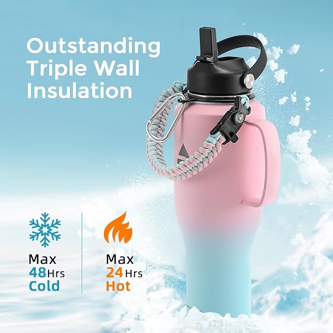 Insulated Water Bottle 40oz (Cold for 48 Hrs), Stainless Steel Water Bottle with Handle & Straw Lid & Paracord Handle, Triple Wall Vacuum Leakproof Travel Flask, Fit in Any Car Cup Holder