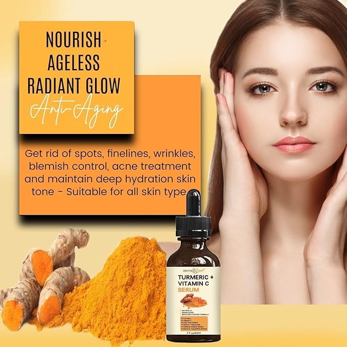 Turmeric Serum for Face + Glow-Boosting Vitamin C Serum –Organic Moisturizer for Acne, Dark Spots & Clear Skin– Boosts Hydration for Dry & Tired Skin – Anti-Aging Formula for Glowing Skin, 2 FL OZ