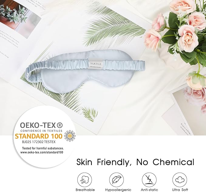 Silk Sleep Mask for Women/Men/Adults Light Blocking Real Silk Eye Mask for Sleeping Plane/Side Sleeper/Travel with Elastic Band,Light Blue