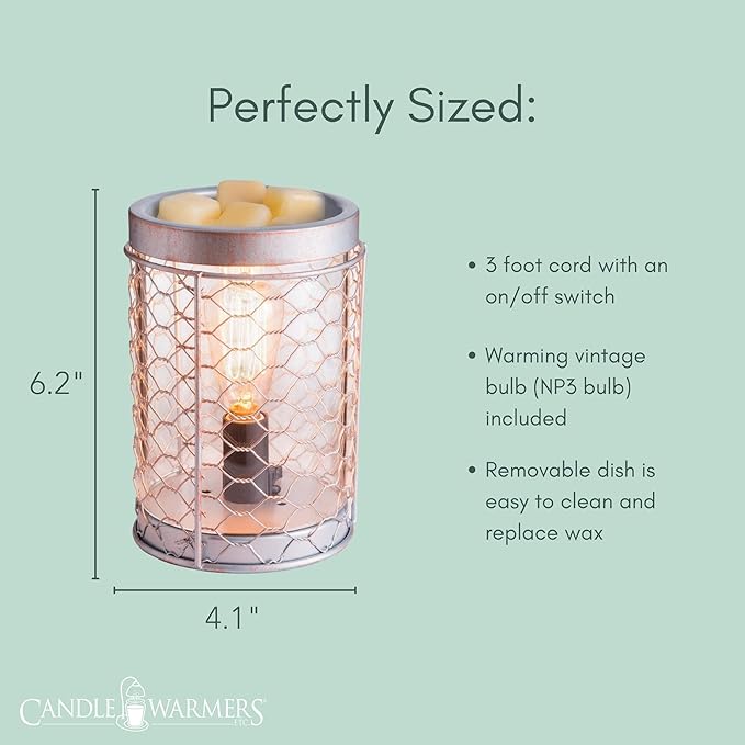 Candle Warmers Etc. Vintage Bulb Illumination Fragrance Warmer- Light-Up Warmer for Warming Scented Candle Wax Melts and Tarts to Freshen Room, Chicken Wire Silver
