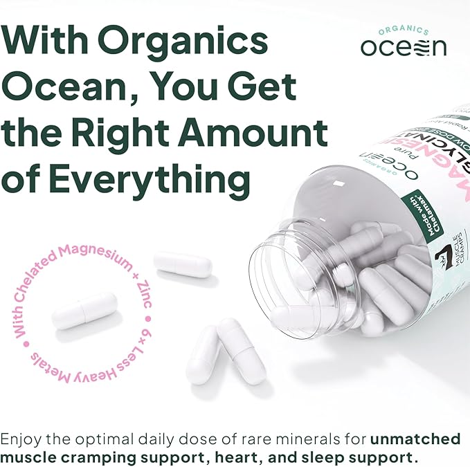 Organics Ocean Pure Magnesium Glycinate with Zinc - Maximum Strength Chelated Magnesium Supplement for Women and Men for Muscle Cramps and Sleep Support - 3 Bottles