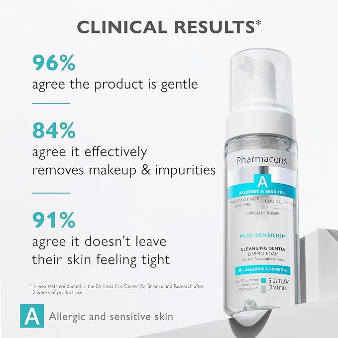 Pharmaceris Soothing Cleansing Foam, Face & Eye Cleanser, Face Wash Gently Removes Makeup & SPF, Helps Hydrate & Strengthen Sensitive Skin, Ultra-Gentle Hypoallergenic, PURI-SENSILIUM, 5.07 fl oz