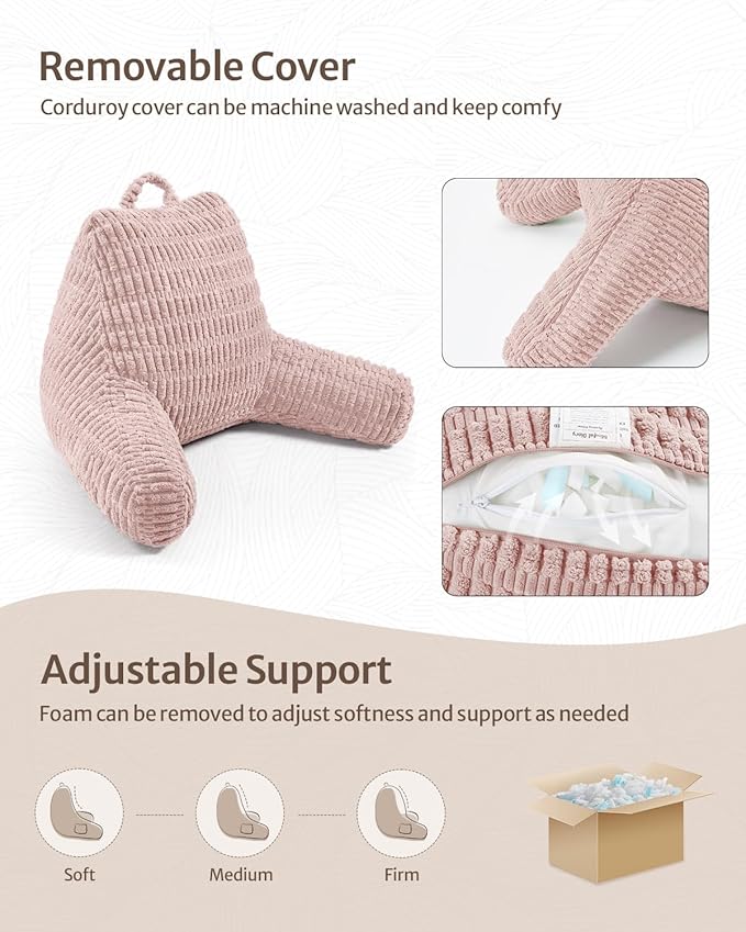 Blissful Diary Reading Pillow, Large Backrest Pillow with Shredded Memory Foam for Adult & Children, Designed for Bed and Couch Sitting Up, Includes Arms, Pockets and Washable Cover, Pale Pink