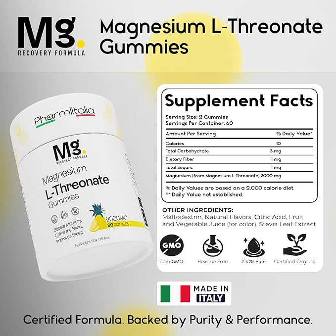 Magnesium L-Threonate Gummies for Adults & Kids 2000mg – Brain Supplements for Memory and Focus - Calm Magnesium Gummies for Improved Sleep and Healthy Mind - Pineapple Flavor 60 Count