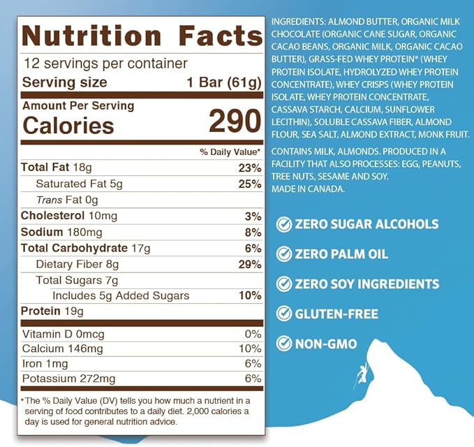 PEAK PROTEIN BARS - Almond Butter Amaretti - Natural - Grass-Fed Whey - 19G Protein - Non-GMO - Gluten Free - Organic Milk Chocolate (12 Bars)