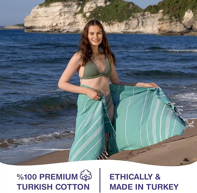 Turkish Beach Towels, Pack of 4 | Oversized, Quick Dry, Sand Free | 100% Cotton, Large 38x71 Towels for Beach, Pool, Travel | Ultra-Soft, Compact, and Absorbent | Green