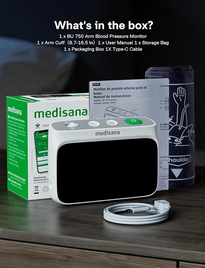 Medisana Cordless Arm Blood Pressure Monitor, Bluetooth Smart Blood Pressure Monitors for Home Use with App Tracking, Blood Pressure Machine with LED Color Dual-Display, Extra-Large Adult Cuff