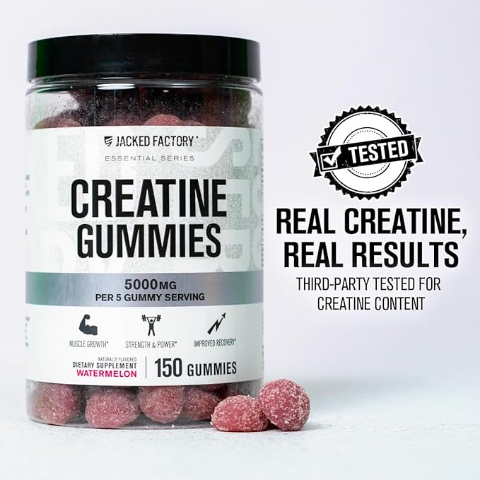 Jacked Factory Creatine Monohydrate Gummies 5g Daily Dose (1g per Gummy) - Creatine Gummy for Men and Women, Vegan-Friendly, Travel-Friendly, Third-Party Tested - 150 Gummies, Watermelon