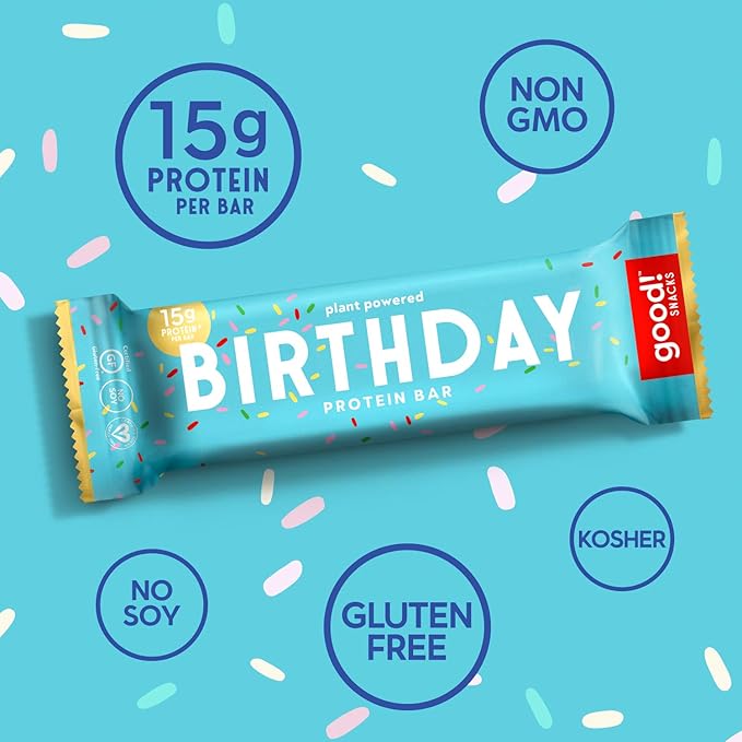 good! Snacks Birthday Cake Vegan Protein Bar, Soy & Gluten Free, Plant Based, Low Sugar, 15g Clean Protein, Natural Healthy Superfood Snack, Kosher Friendly, For Athletes & Active Lifestyles, 12 Bars