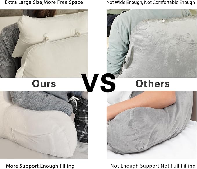 SLIGUY Reading Pillow for Sitting in Bed Couch Adult, Back Pillow with arm Support and Pockets, Adult Back Pillow Bed Chair for Bed Rest, Reading, Watching TV, Gaming for Boys and Girls Beige