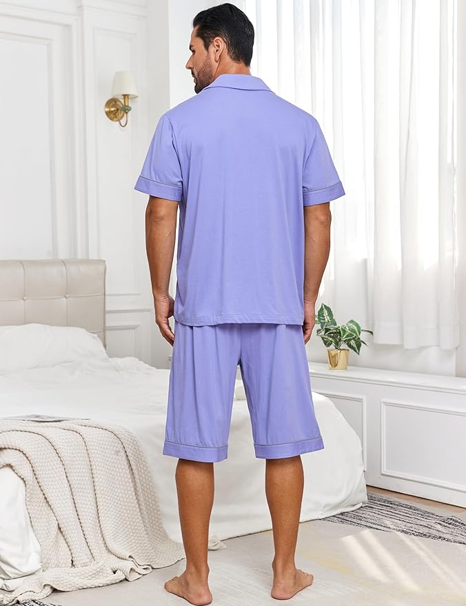 COLORFULLEAF Men's 100% Cotton Short Sleeve Pajama Sets Button Down Notched Collar Sleepwear Soft Lounge Pjs with Pockets