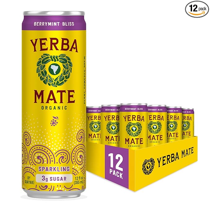 Yerba Madre Organic Sparkling Yerba Mate, Berrymint Bliss, Low Sugar, 80mg Natural Caffeine, Smooth Energy & Focus, Carbonated, 12 Oz (Pack of 12) (Packaging May Vary)