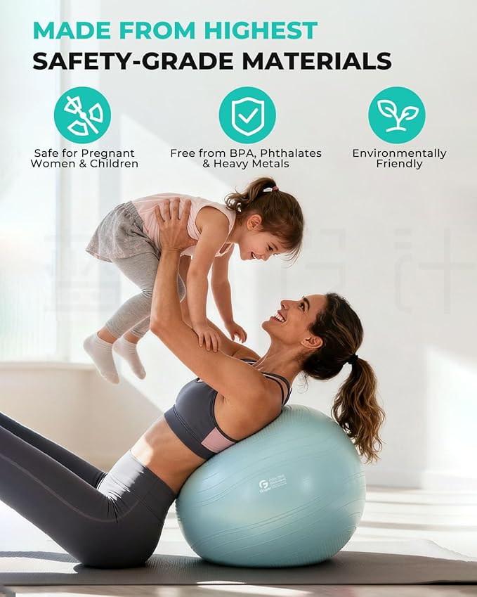 Gruper Yoga Ball, Extra Thick Exercise Ball for Workout Pregnancy Stability - 4 Sizes Anti Burst Balance Ball for Yoga, Pilates, Fitness, Birthing, Physical Therapy - Includes Pump