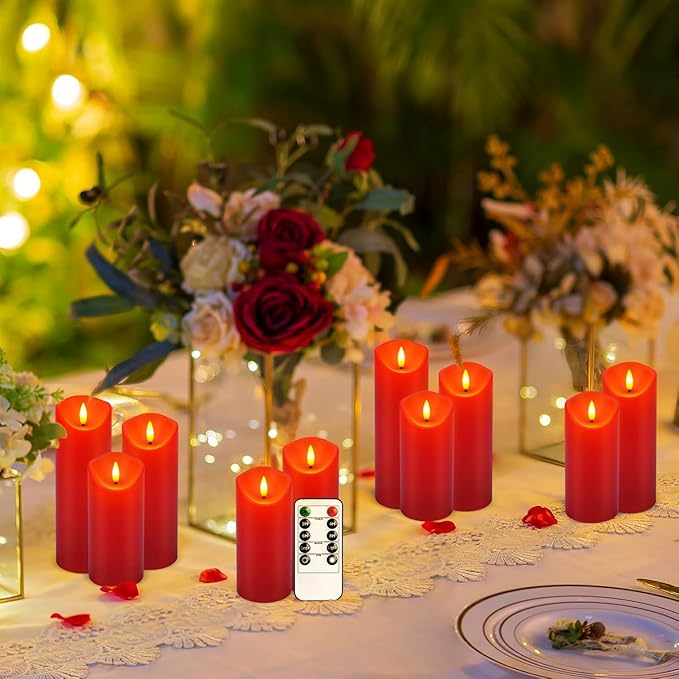 24 Pack Red LED Candles with Remote & Timer - Flameless Pillar Candles with 3D Flickering Flame, Battery Operated for Christmas Tree, Table Centerpieces, Party Decor