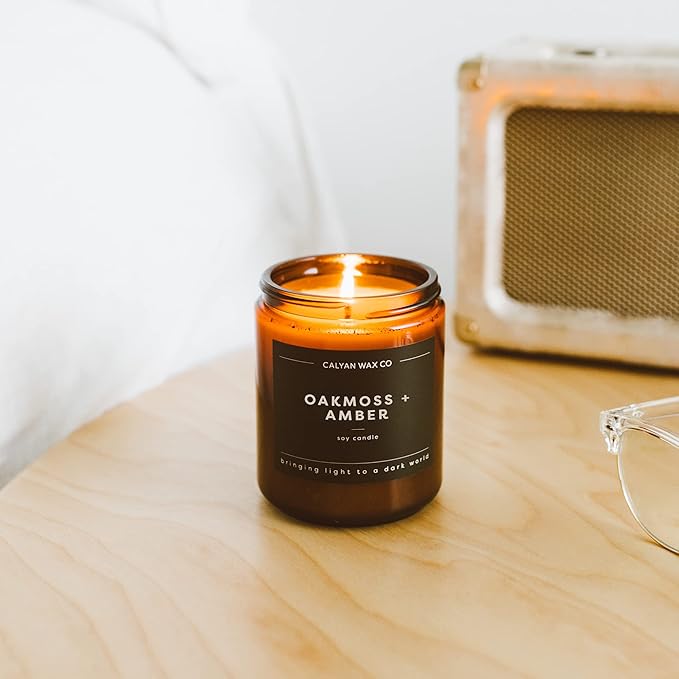 Calyan Wax Co. Soy Wax Candle, Oakmoss + Amber Scented Candle, 57 Hour Burn Time, Aromatherapy Soy Candles, Non Toxic & Vegan Soy Wax, Amber Glass Jar Scented Candles, 7.2oz