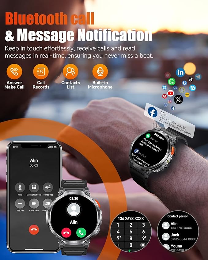 1.85" Big Screen Military Smart Watch for Men with Flashlight, 730mAh Large Battery, IP68 Waterproof, Bluetooth Calling, 114 Sports Modes, Heart Rate/Sleep Monitor for iOS Android
