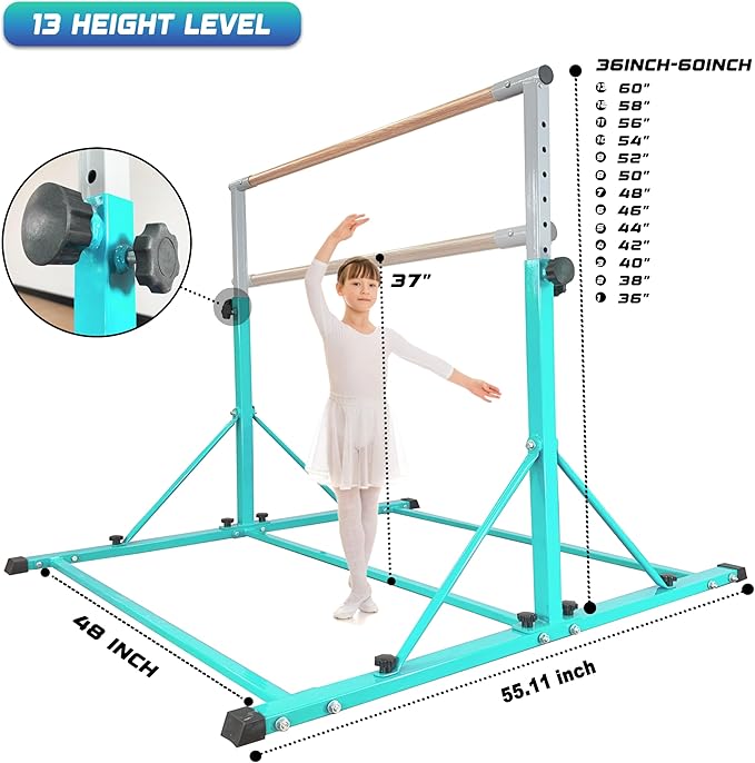 Gymnastic Bar for Kid and Teenage Ages 3-25, 5 FT / 6 FT Base Length, 5 FT / 6 FT Height, Gymnastic Kip Bar Horizontal Bar for Gymnast, Gymnastic Training Equipment for Home and Club Use