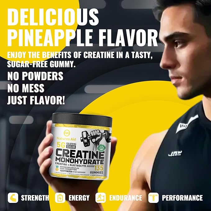 Natures Aid Creatine Monohydrate Gummies (5g) – Pre-Workout Energy & Muscle Growth Support for Men & Women | Pineapple Electrolyte Gummies (135 Count)