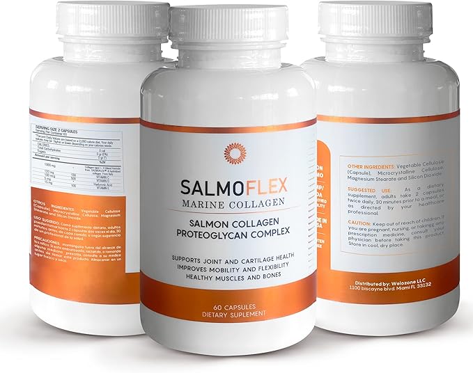 VITASEI Salmoflex Marine Collagen Peptides with Hyaluronic Acid and Vitamin C, D, E - Salmon Collagen Supplement for Bone and Joint - Hair, Skin and Nails Vitamins - 60 Capsules (Pack of 3)