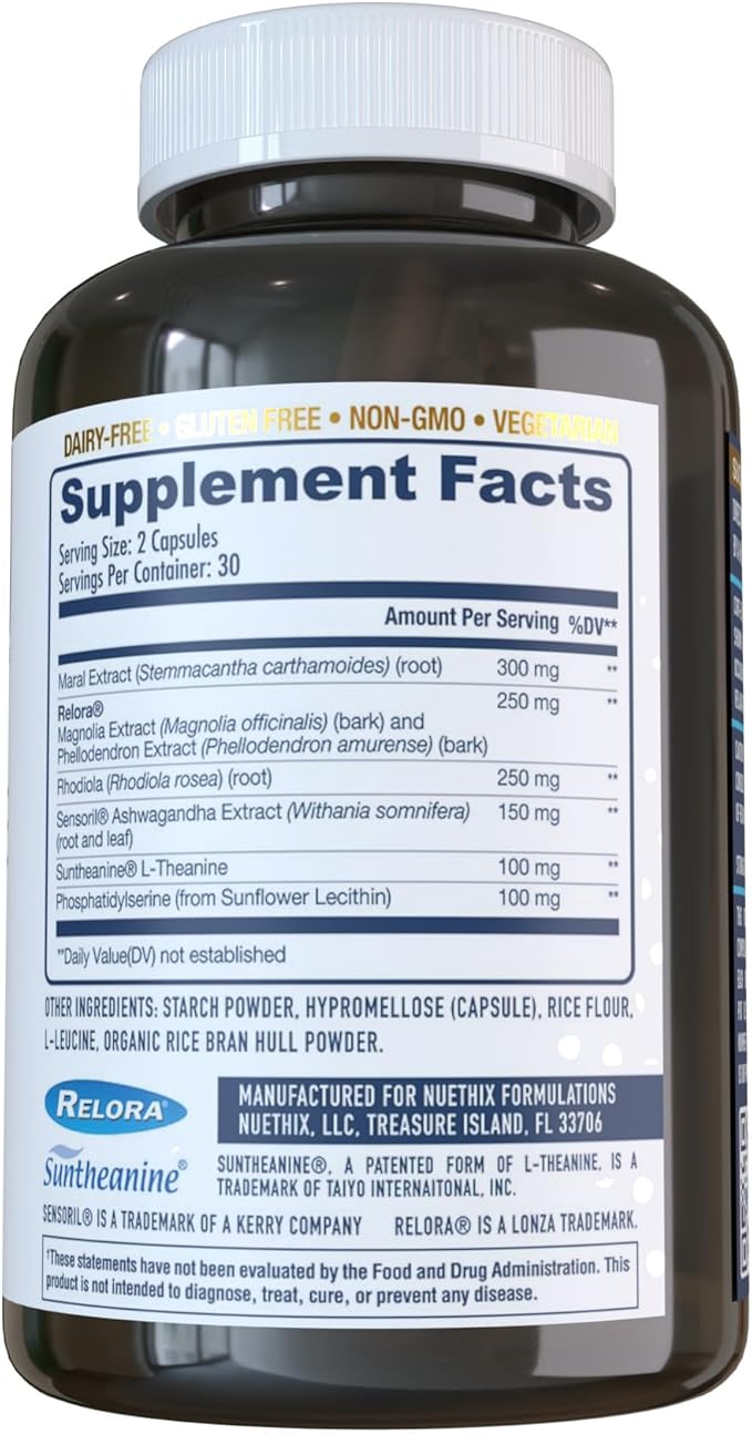 NuEthix Formulations Cort-Eaze - Cortisol Supplement - Health Support Supplement with Ashwagandha, L-Theanine & Rhodiola Rosea - Relaxation and Deep Sleep, 60 Capsules, 30 Servings