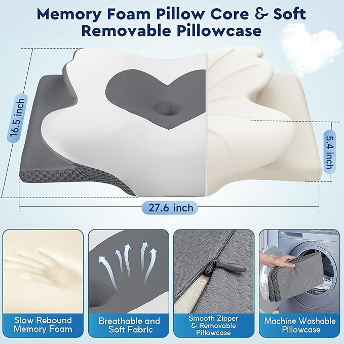 Cervical Neck Pillow, Memory Foam Neck Support Pillows for Sleeping, Shoulder Pillow for Side Sleepers, Back Stomach Sleepers, CertiPUR-US Certified, King Size, Grey