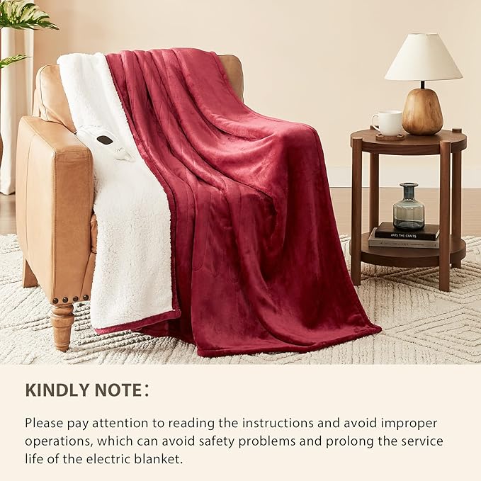Homemate Electric Heated Blanket Twin Size - 62"x84" Heating Blanket Twin Size 1/2/4/6/8 Hours Auto-Off 10 Heat Level Over-Heat Protection Flannel Sherpa ETL Certification