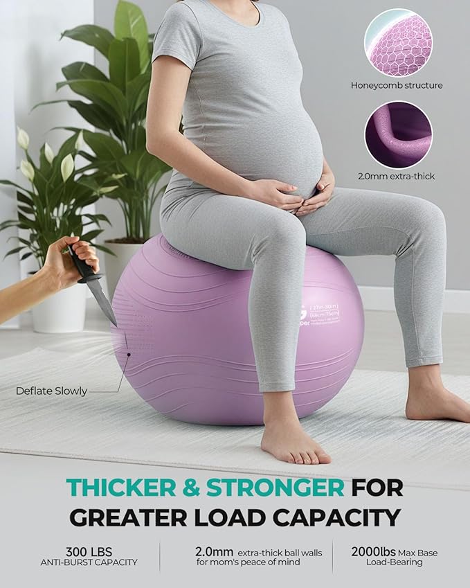 Gruper Yoga Ball, Extra Thick Exercise Ball for Workout Pregnancy Stability - 4 Sizes Anti Burst Balance Ball for Yoga, Pilates, Fitness, Birthing, Physical Therapy - Includes Pump