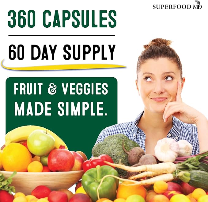Superfood Fruit and Veggie Supplement - 360 Whole Super Fruit and Vegetable Supplements & Vitamin with Olive Leaf, Soy Free- 180 Count (Pack of 2)