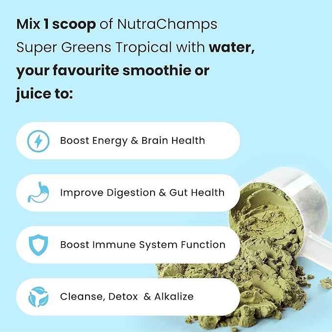 NutraChamps Super Greens Powder Premium Superfood | 20+ Organic Green Veggie Whole Foods | Wheat Grass, Spirulina, Chlorella | Antioxidant, Digestive Enzyme & Probiotic Blends (9.1 OZ, Tropical)