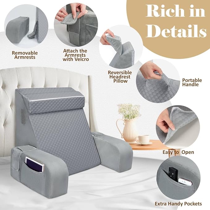 Reading Pillow for Sitting in Bed Adult, Back Pillow for Bed Sitting up, Reading & Bed Rest Pillows for Watching (Gray/Gray)