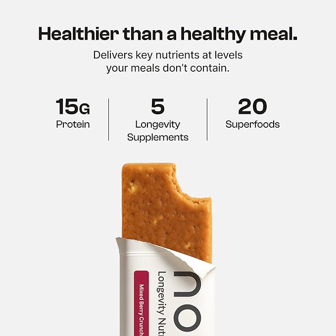 Novos Longevity Protein Bar - Mixed Berry Crunch - 15g Protein, 5 Longevity supplements, 20 Superfoods, Organic Olive Oil, Seed Oil Free, Targets Causes of Aging, Skin, Mind and Mood Support, 12-Pack