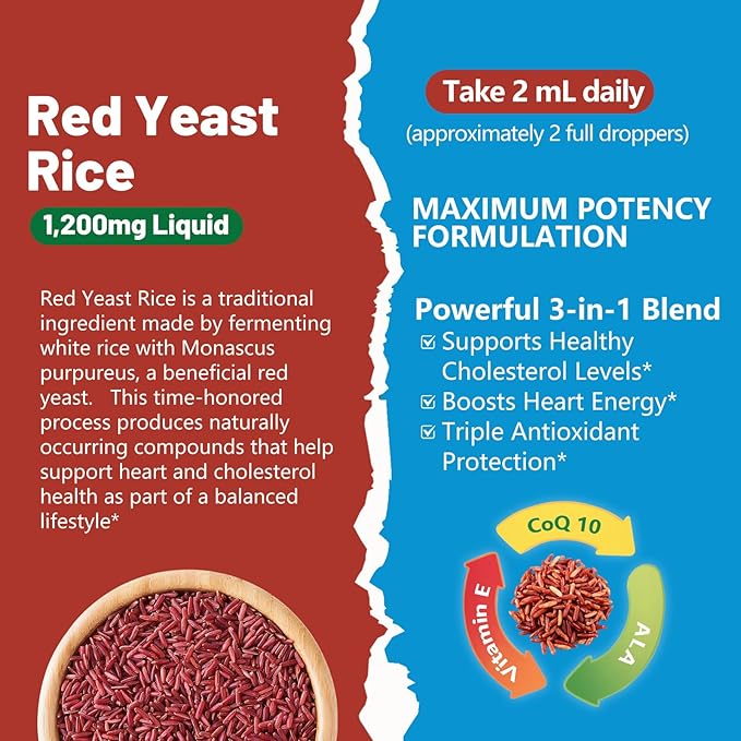 Red Yeast Rice with Coq10 Drops, Organic Red Yeast Rice 1200mg with Alpha Lipoic Acid for Cholesterol Support, CoQ10 100mg for Heart Health Support - 2 oz, Citrinin Free
