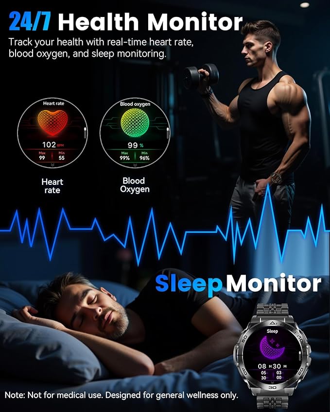 Military Smart Watch for Men with LED Flashlight, 1.60″ AMOLED Always-On Display, 600mAh (5–10 Days), Bluetooth Call, IP68 Waterproof, Heart Rate/Sleep/SpO₂, 170+ Sports Modes, for Android iPhone