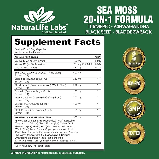 Sea Moss, Black Seed Oil, Bladderwrack, Turmeric, Ashwagandha, Burdock, Vitamin C, D3, Yellow Dock Root, Manuka, Dandelion - 90 Veggie caps