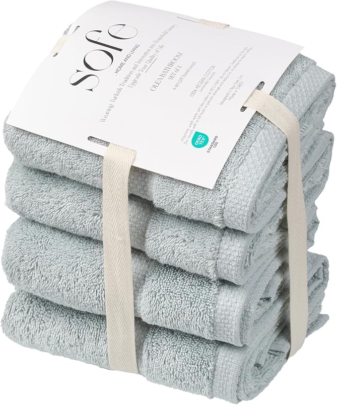 SOFE H&L | Olea Luxury Turkish Cotton Hand Towels Set of 4 Light Blue | Premium, Soft, Durable, Absorbent | Hotel Quality Plush Towels and Thick Towel Sets