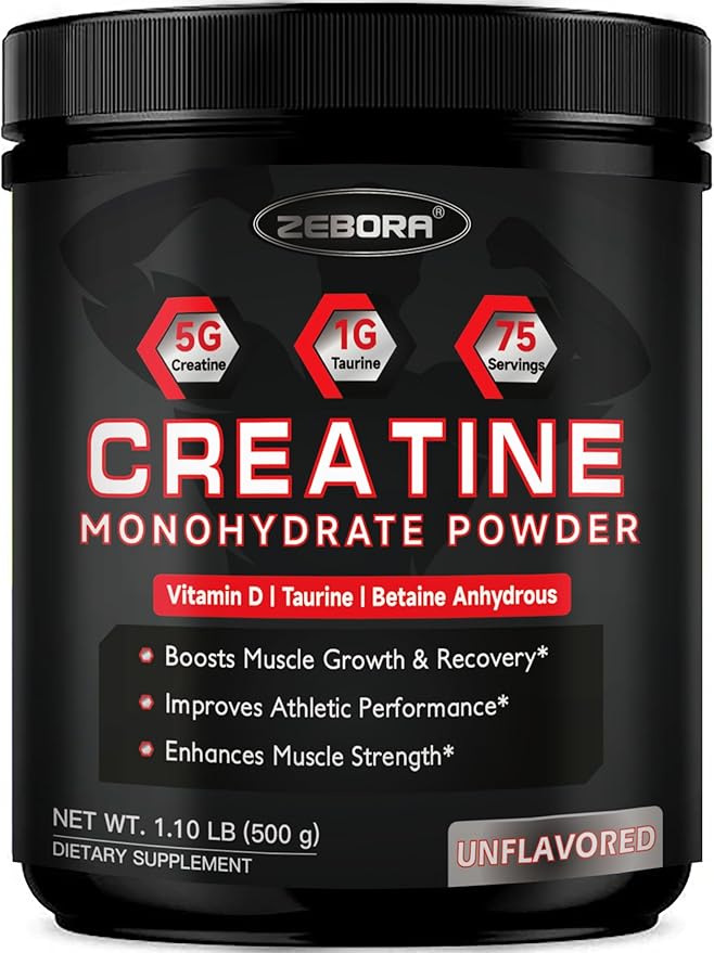 ZEBORA Micronized Creatine Monohydrate Powder, Creatine Monohydrate for Women-Men, Helps Muscle Recovery, Enhances Muscle Size & Strength with 5G Creatine and 1G Taurine