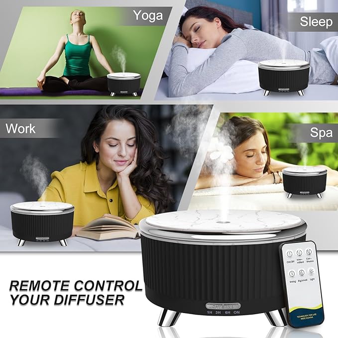 Diffusers for Essential Oils Large Room, 500ml Aromatherapy Diffuser Cool Mist Humidifier with Remote Control,7 Colors Lights & 3 Mist Mode Waterless Auto Off for Women Office Home Black Sliver
