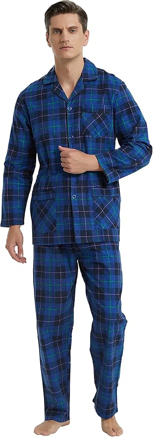 GLOBAL Men's Pajamas Sets 100% Cotton Flannel Sleepwear Long-Sleeve top & Bottom