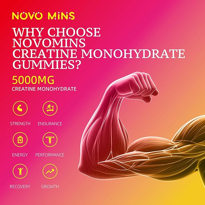 novomins Creatine Monohydrate Gummies 5000mg for Men & Women, Chewables Creatine Monohydrate for Muscle Strength, Muscle Builder, Energy Boost, Pre-Workout Supplement(120 Count)