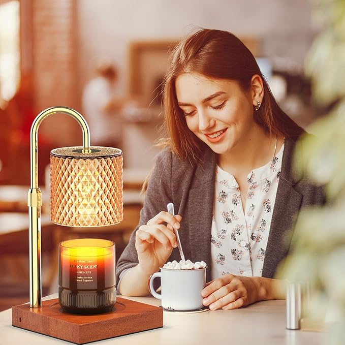 RAINBEAN Candle Warmer Lamp, Adjustable Height Electric Candle Warmer Light with Timer and Dimmer Vintage Wax Melter for Jar Candles Home Decor Gifts (Amber Glass and Walnut Wood)