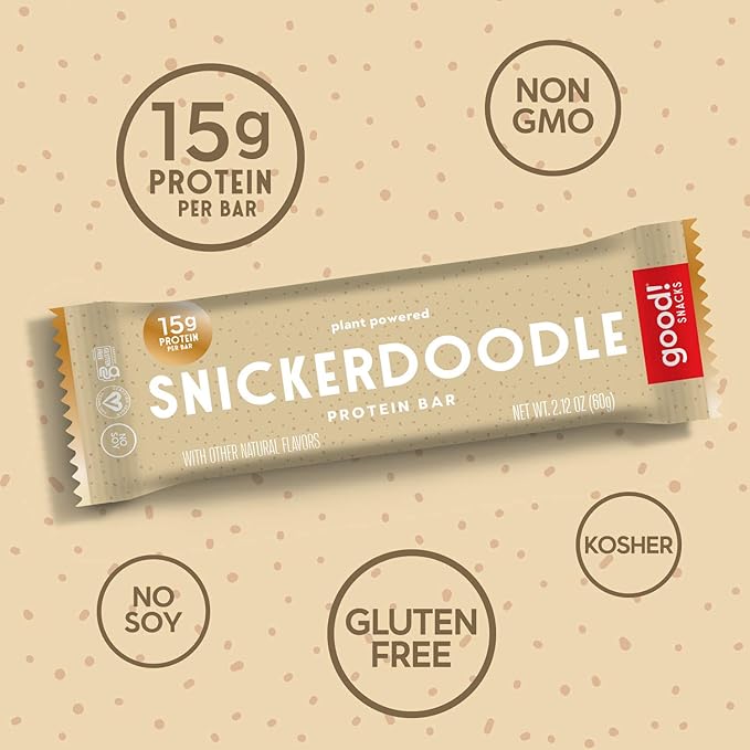 good! Snacks Snickerdoodle Vegan Protein Bar, Soy & Gluten Free, Plant Based, Low Sugar, 15g Clean Protein, Natural Healthy Superfood Snack, Kosher Friendly, For Athletes & Active Lifestyles, 12 Bars